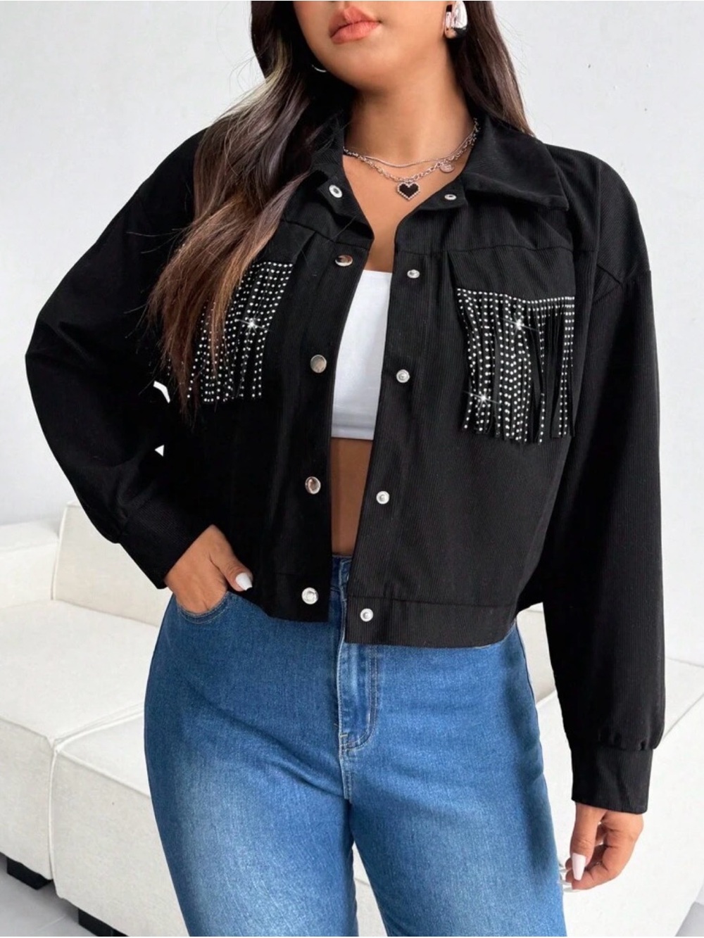 Black Studded Fringe Cropped Jacket